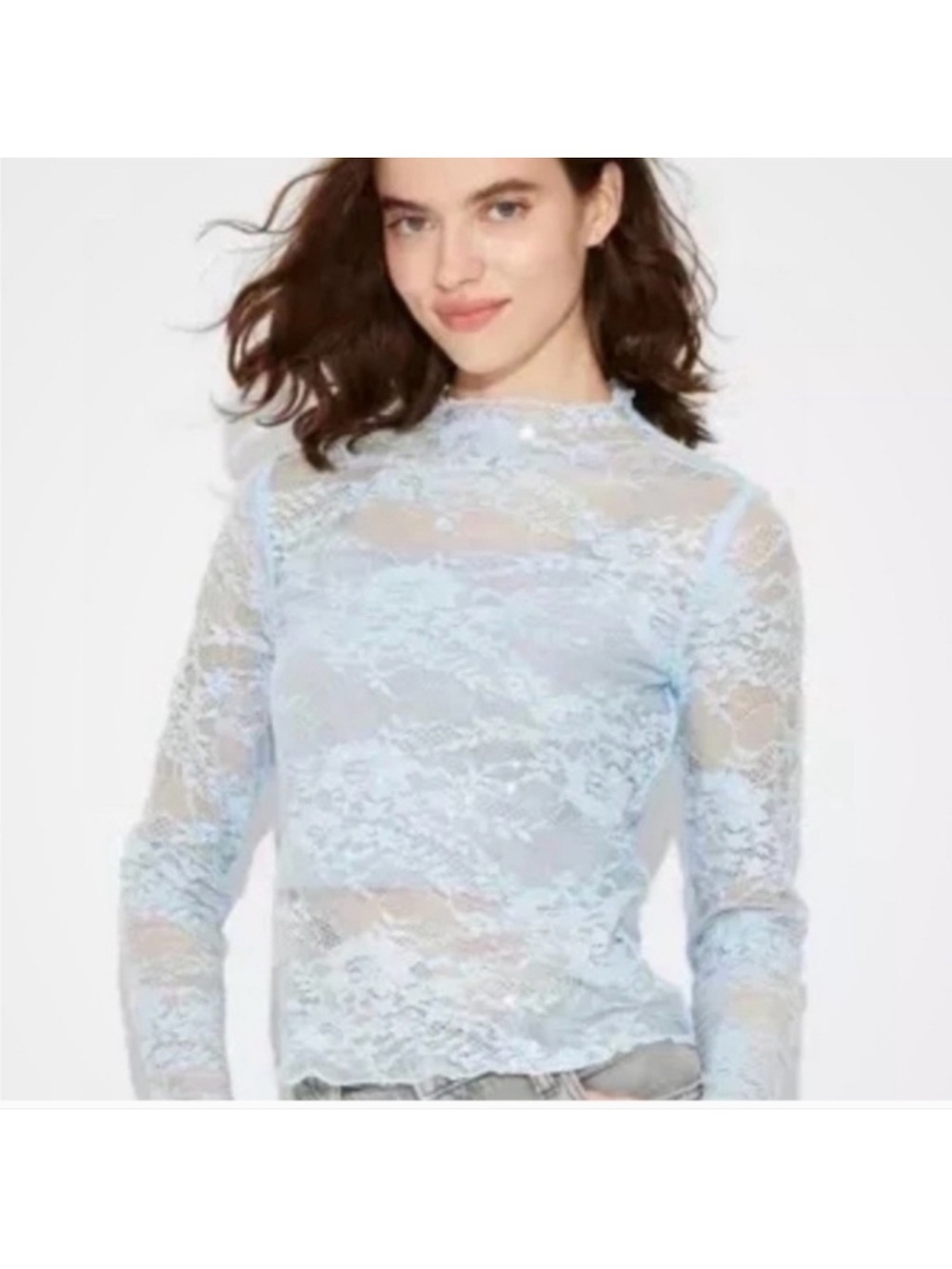Light Blue Lace Mock Neck Long-Sleeve Sequin Top